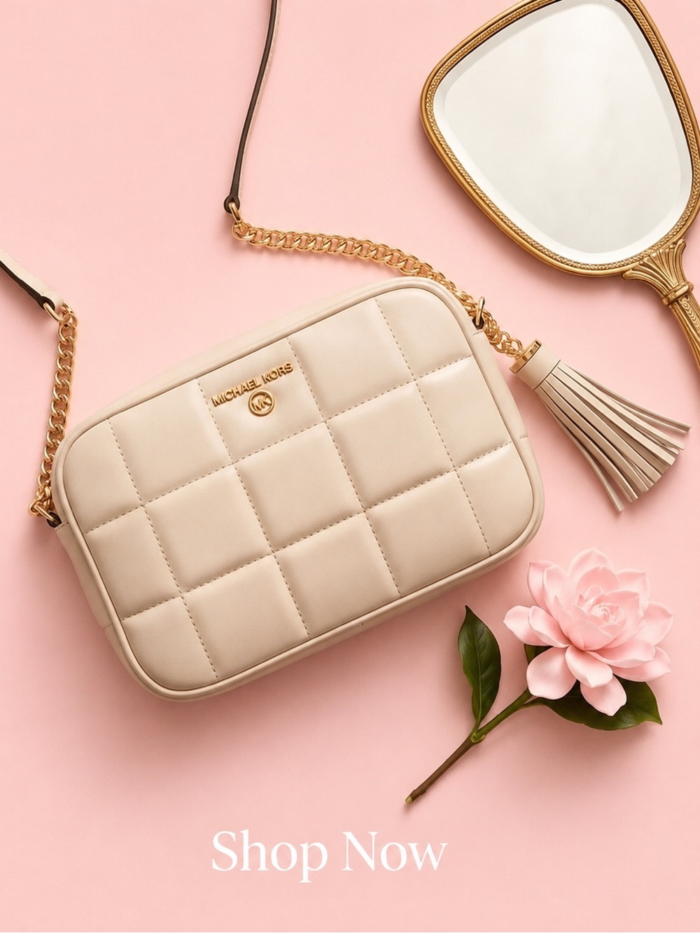 Michael Kors Beige Quilted Crossbody with Gold Chain Tassel camera bag
